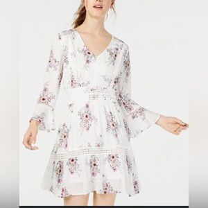 American Rag Beige Floral V-Neck Bell Sleeve  crochet trimmed midi dress size L